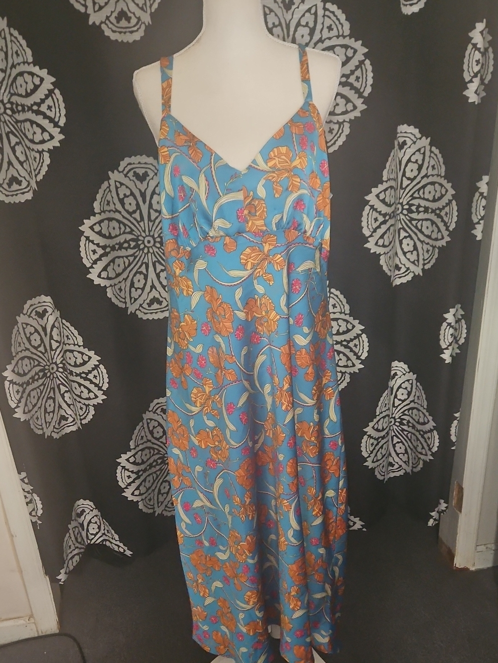 sofia by sofia vergara Sky Blue Floral Maxi Slip Dress with Orange Accents